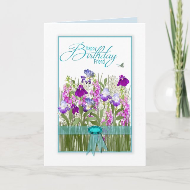 Tarjeta Cumpleaños, amigo, hermosas flores de los jardines (Anverso)