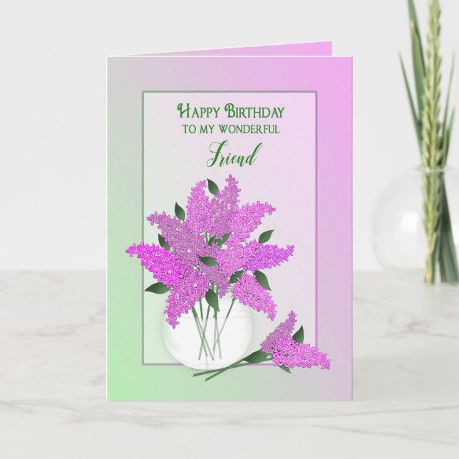 Tarjeta Cumpleaños, amigo, lilas en un florero (Anverso)
