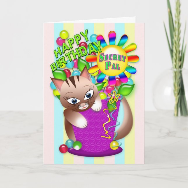 Tarjeta Cumpleaños - Amigo Secreto - Gato Kitty Celebrando (Anverso)