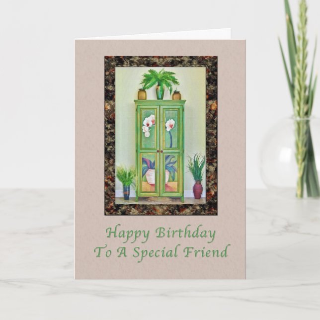 Tarjeta Cumpleaños, amigo, todavía vida con antiguo gabine (Anverso)