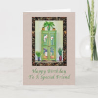 Cumpleaños, amigo, todavía vida con antiguo gabine