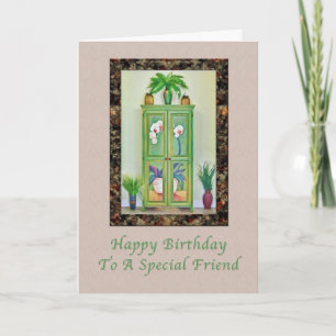 Tarjeta Cumpleaños, amigo, vida con gabinete antiguo