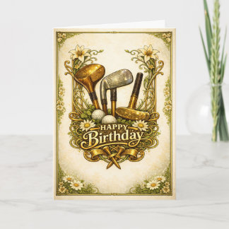 Tarjeta Cumpleaños Antiguo Golf Dorado