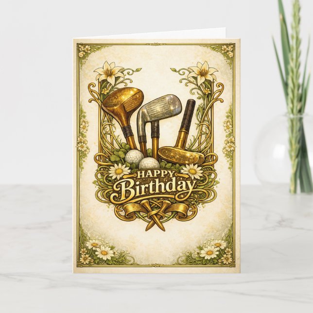 Tarjeta Cumpleaños Antiguo Golf Dorado (Anverso)