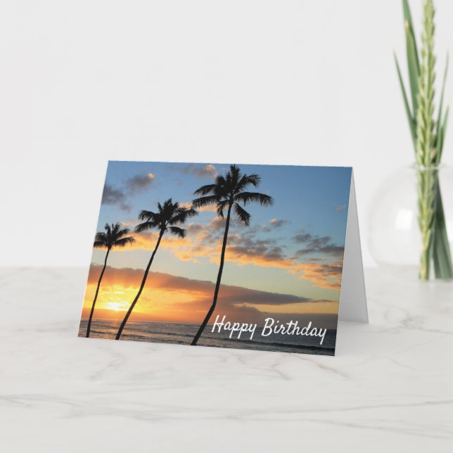 Tarjeta Cumpleaños atardecer de Hawái con palmeras (Anverso)