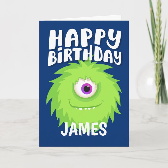 Tarjeta Cumpleaños Azul de Furry Monster (Anverso)