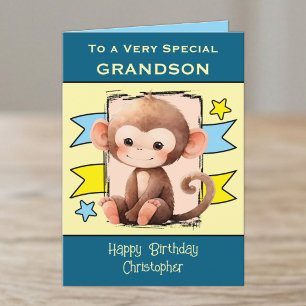 Tarjeta Cumpleaños azul de los niños monos nietos especial