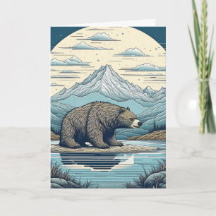 Tarjeta Cumpleaños bajo la luna llena con oso, montañas y
