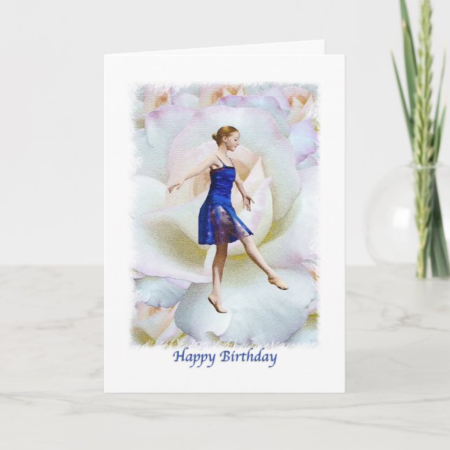 Tarjeta Cumpleaños, Ballerina en azul en una rosa blanca (Anverso)