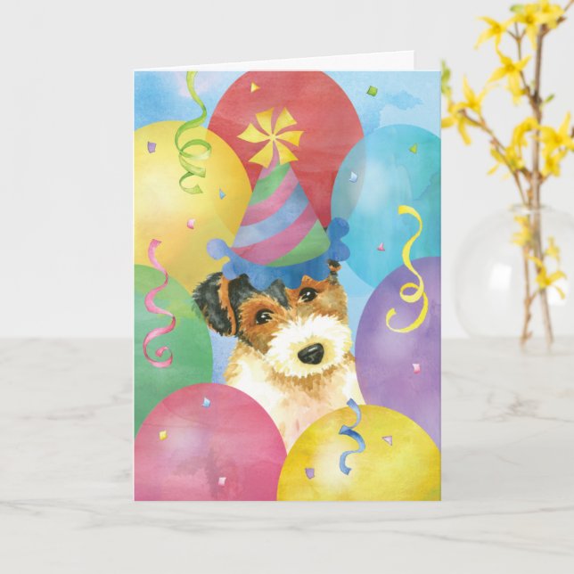 Tarjeta Cumpleaños Balloons Wire Fox Terrier (flor amarilla)