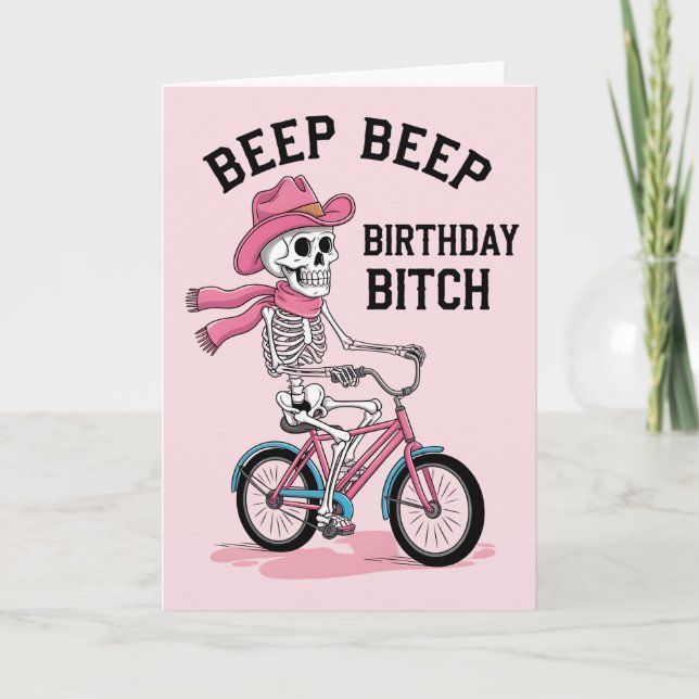 Tarjeta Cumpleaños Beep Beep Divertido Esqueleto Rosa Bici (Anverso)