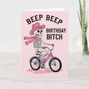 Tarjeta Cumpleaños Beep Beep Divertido Esqueleto Rosa Bici