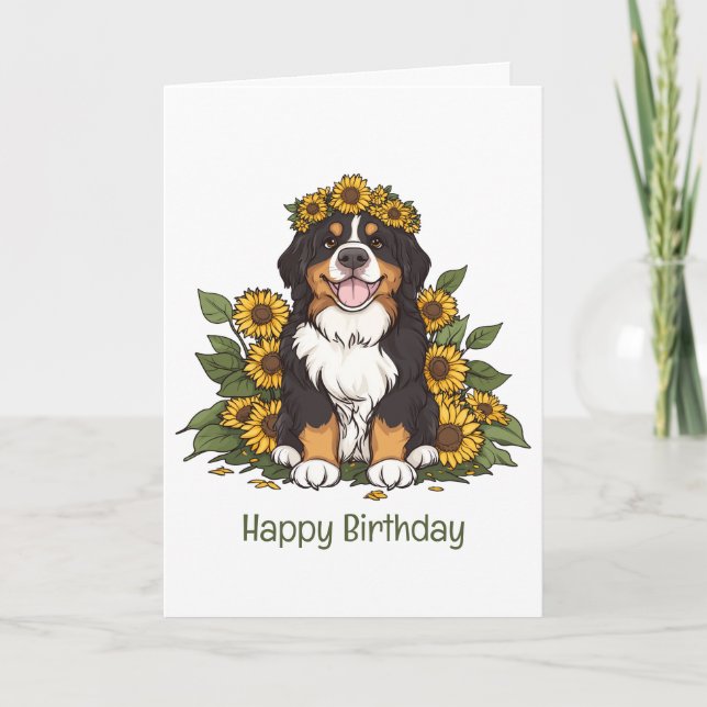 Tarjeta Cumpleaños Bernese Mountain Dog Sunflower Crown (Anverso)