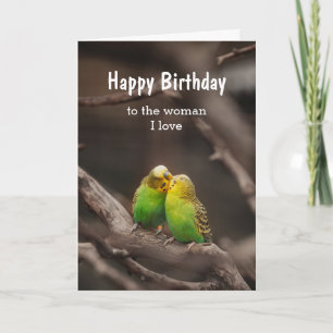 Tarjeta Cumpleaños Bird Cuddling Budgies Parakeet la mujer