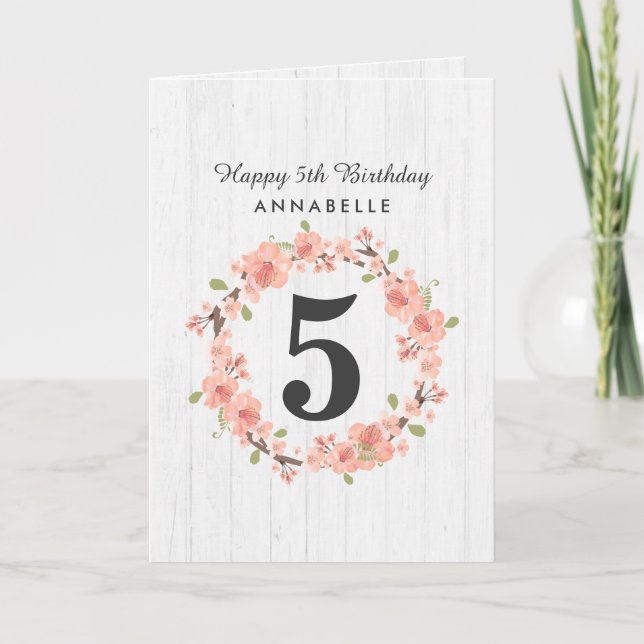 Tarjeta Cumpleaños blanco de la guirnalda floral de madera (Anverso)