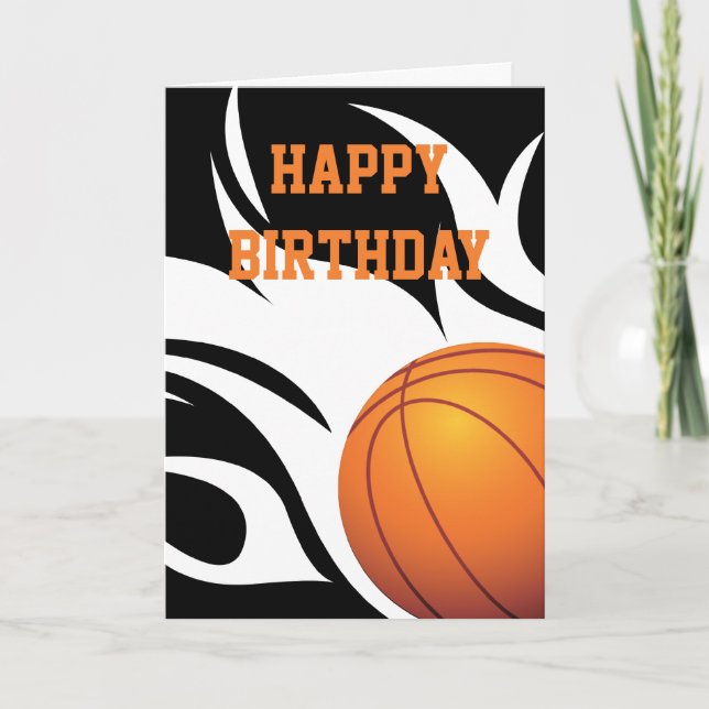 Tarjeta Cumpleaños blanco y negro del baloncesto llameante (Anverso)