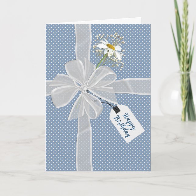 Tarjeta Cumpleaños Bow con Daisy en Gingham (Anverso)