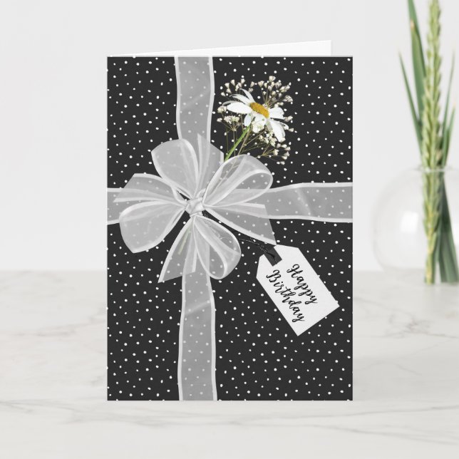 Tarjeta Cumpleaños Bow con Daisy On Dots (Anverso)