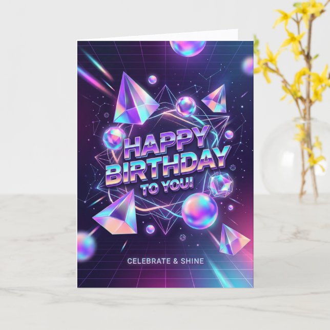 Tarjeta Cumpleaños Brillo Cristal Holográfico (flor amarilla)