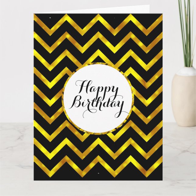 Tarjeta Cumpleaños brillo negro dorado chevron | En blanco (Anverso)