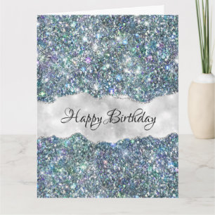 Tarjeta Cumpleaños caprichoso con brillo azul y plateado
