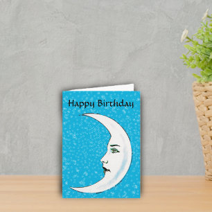 Tarjeta Cumpleaños Cara de Luna Blanca Vintage con Estrell
