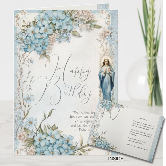 Tarjeta Cumpleaños Católico María Floral Azul Escritura (Subido por el creador)