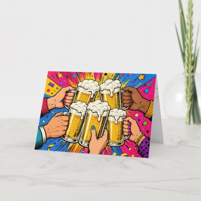 Tarjeta Cumpleaños Cerveza Brindis Pop Art (Anverso)