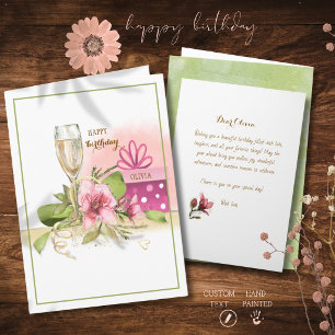 Tarjeta Cumpleaños Champán Magnolia Rosa Acuarela Chic