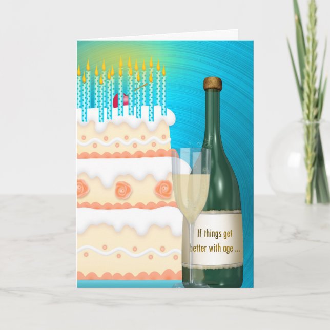 Tarjeta Cumpleaños Champán y torta (Anverso)