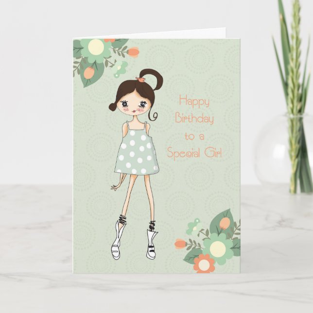 Tarjeta Cumpleaños chica, Brunette, Sage Green Floral (Anverso)