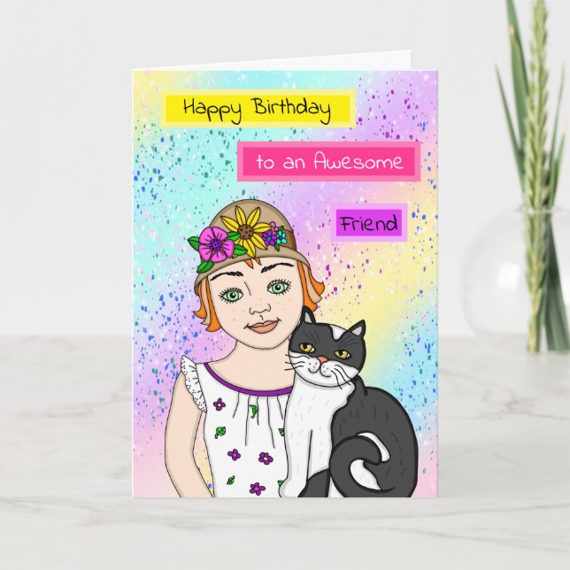 Tarjeta Cumpleaños | Chica de arte popular y gato (Anverso)