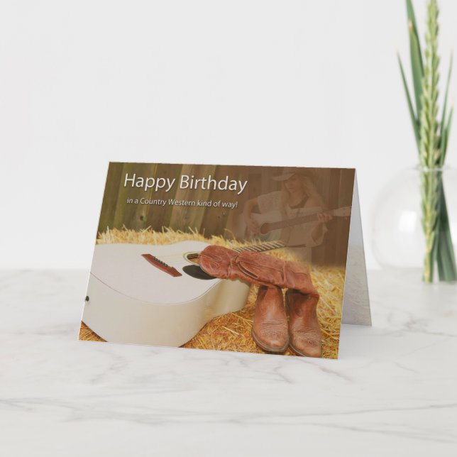 Tarjeta Cumpleaños, Chica de país, guitarra, botes occiden (Anverso)