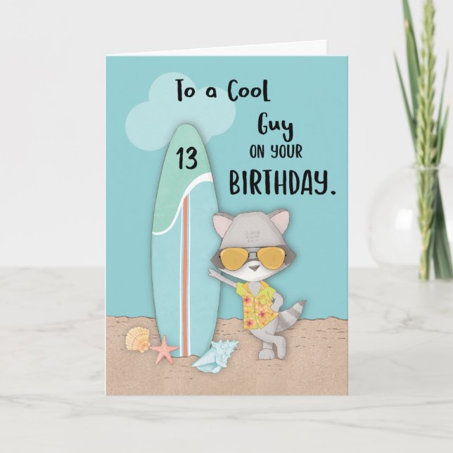Tarjeta Cumpleaños Chico 13 Playa Divertido Mapache Genial (Anverso)