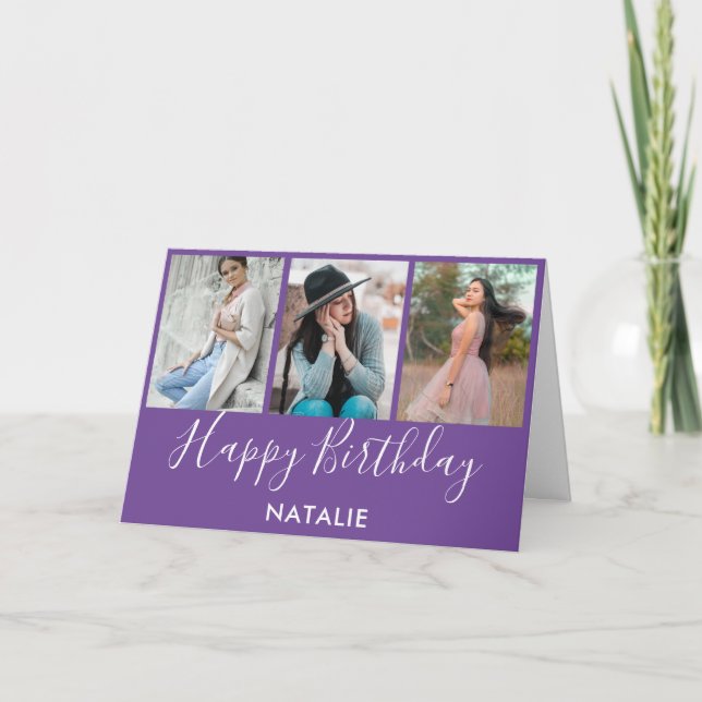 Tarjeta Cumpleaños Collage de 3 Fotos Morado y Blanco (Anverso)