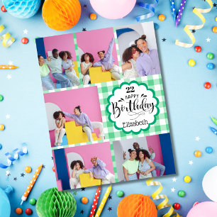 Tarjeta Cumpleaños Collage de 7 Fotos Femenino Verde para 