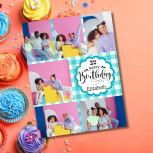 Tarjeta Cumpleaños Collage de 7 Fotos Teal Femenino de Cua