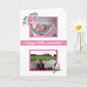 Tarjeta Cumpleaños con acuarela rosa, fotos de ahora y de