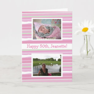 Tarjeta Cumpleaños con acuarela rosa, fotos de ahora y de