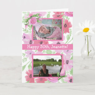 Tarjeta Cumpleaños con Acuarela Rosa Fotos de Ahora y Ento