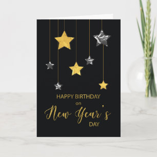Tarjeta Cumpleaños con aspecto de oro y plata en Año Nuevo