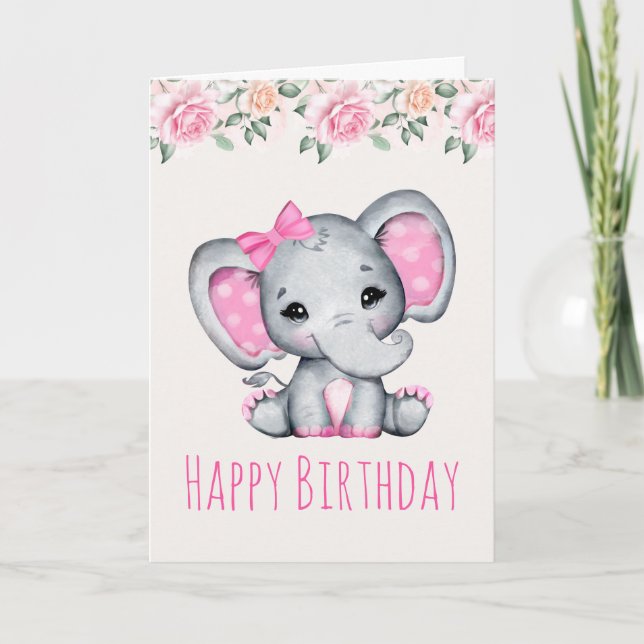 Tarjeta Cumpleaños con borde de elefante bebé rosa y rosas (Anverso)