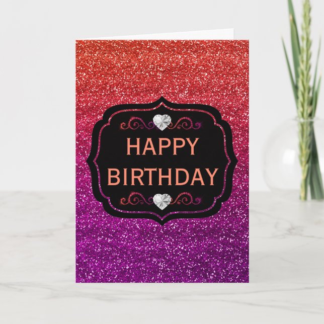 Tarjeta Cumpleaños con brillo de gradiente naranja y púrpu (Anverso)