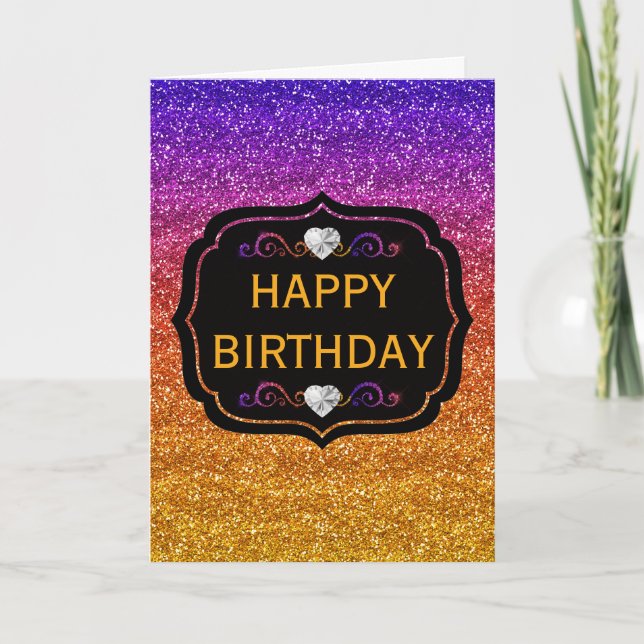 Tarjeta Cumpleaños con brillo de gradiente púrpura y naran (Anverso)