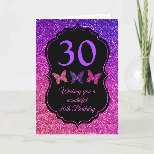 Tarjeta Cumpleaños con brillo de gradiente púrpura y rosa (Anverso)