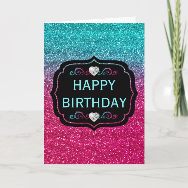 Tarjeta Cumpleaños con brillo degradado azul y rosa (Anverso)