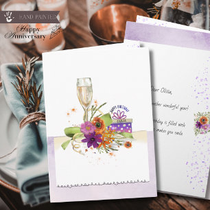 Tarjeta Cumpleaños con caja de regalo y champán de acuarel