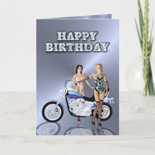 Tarjeta Cumpleaños con chicas y motocicleta