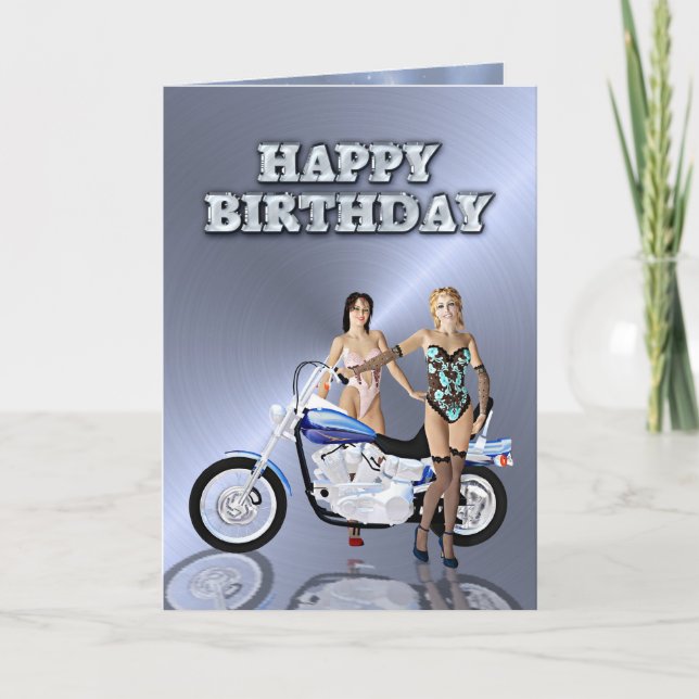 Tarjeta Cumpleaños con chicas y motocicleta (Anverso)