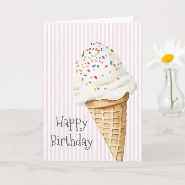 Tarjeta Cumpleaños con Cono de Helado de Confeti de Rayas  (Planta pequeña)